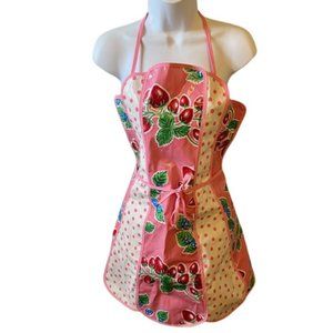 Bib Apron Pink Oil Cloth Mixed Print Floral Strawberries Polka Dot